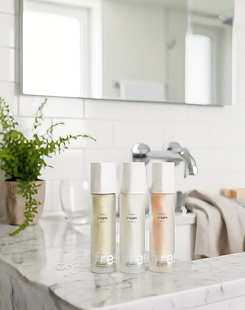Drei Cremeflaschen mit der Aufschrift "Fresh" stehen auf einem Marmortresen im Badezimmer neben einem Farn im Topf. Im Hintergrund sind ein Spiegel, ein Wasserhahn, ein Waschbecken und ein verschwommenes Handtuch zu sehen - die perfekte Inspiration, wenn Sie RINGANA Produkte bestellen möchten.