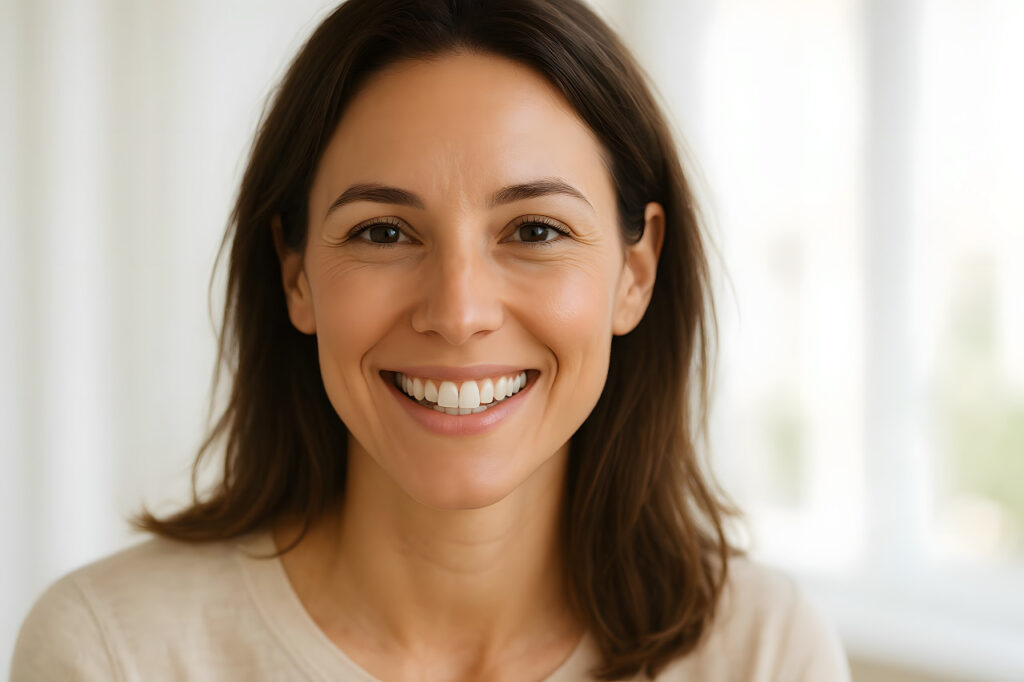 Frau mit gesunden weißen Zähnen und natürlichem strahlendem Lächeln dank optimaler Mundhygiene mit RINGANA manadental photodynamischer Therapie