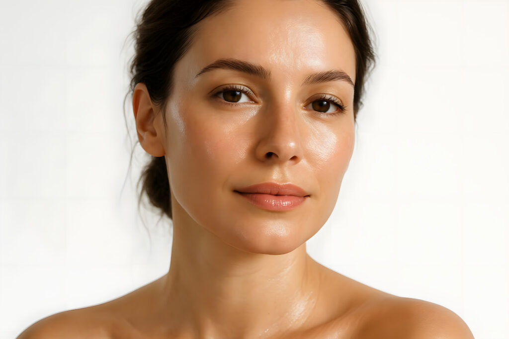 Eine Frau mit klarer, strahlender Haut und natürlichem Make-up blickt sanft in die Kamera, ihr dunkles Haar nach hinten gezogen. Ihre straffe Haut suggeriert eine Konzentration auf Gesundheit vor einem schlichten, hellen Hintergrund.