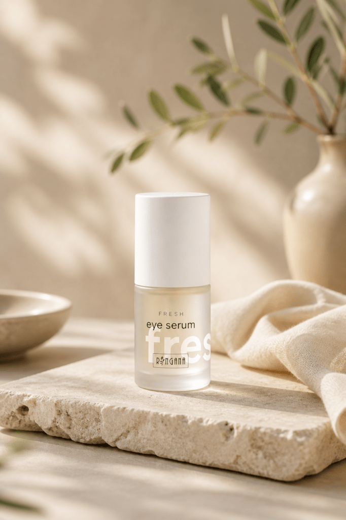 Eine Flasche FRESH-Augenserum fre-vegane Naturkosmetik ohne Konservierungsstoffe von ringana steht auf einer Steinplatte, umgeben von weichem Stoff, einer Schale und verschwommenem Grün in einer warmen, neutral getönten Umgebung.
