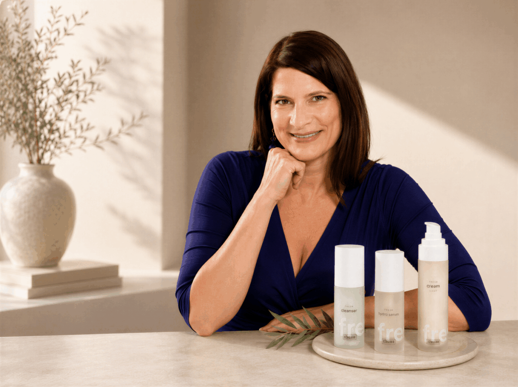 Stefanie Rensch und RINGANA Frischekosmetik-Set – drei vegane Pflegeprodukte mit natürlichem Dekor